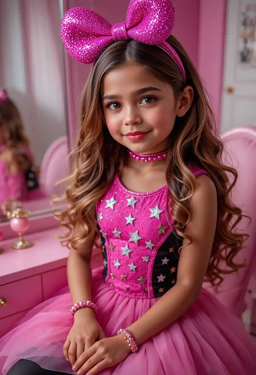 Tween girl in pink vanity mirror with glamorous makeup