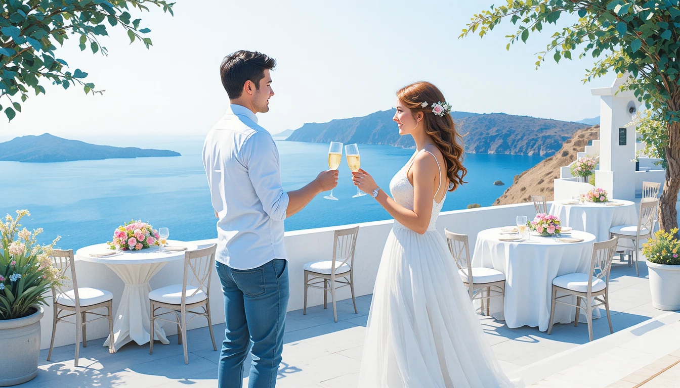Watercolor couple toasting on seaside wedding terrace