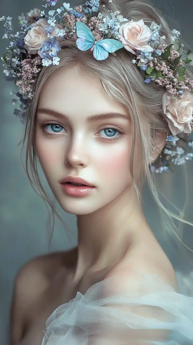 Ethereal pastel haired woman crowned with delicate flowers