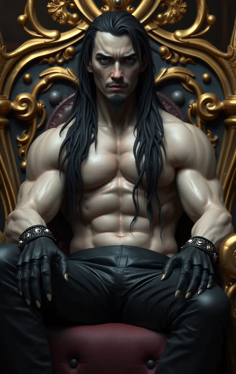 Muscular man on gold throne in digital sculpture style