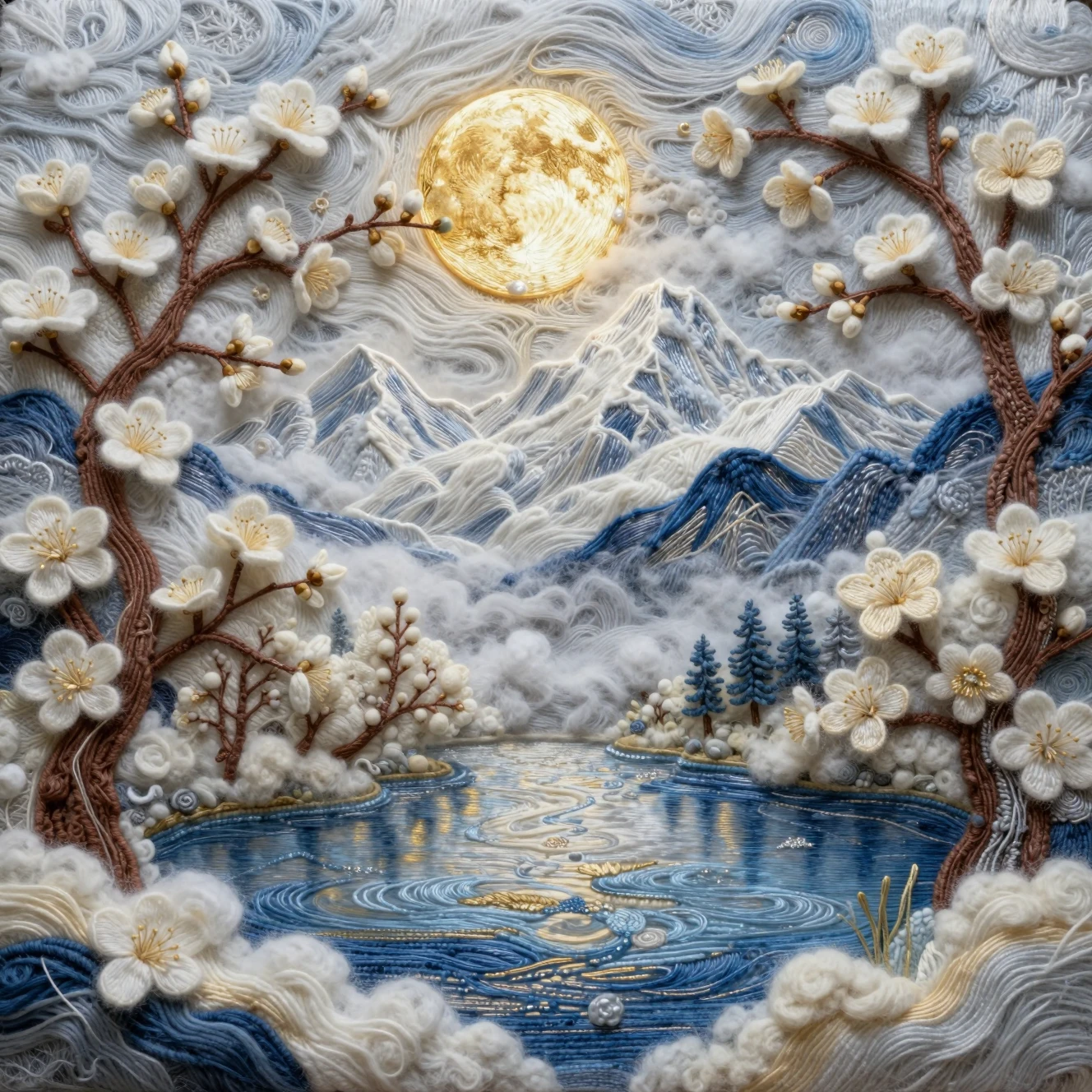 Paisaje Etéreo de Lana con Montañas, Lago y Luna