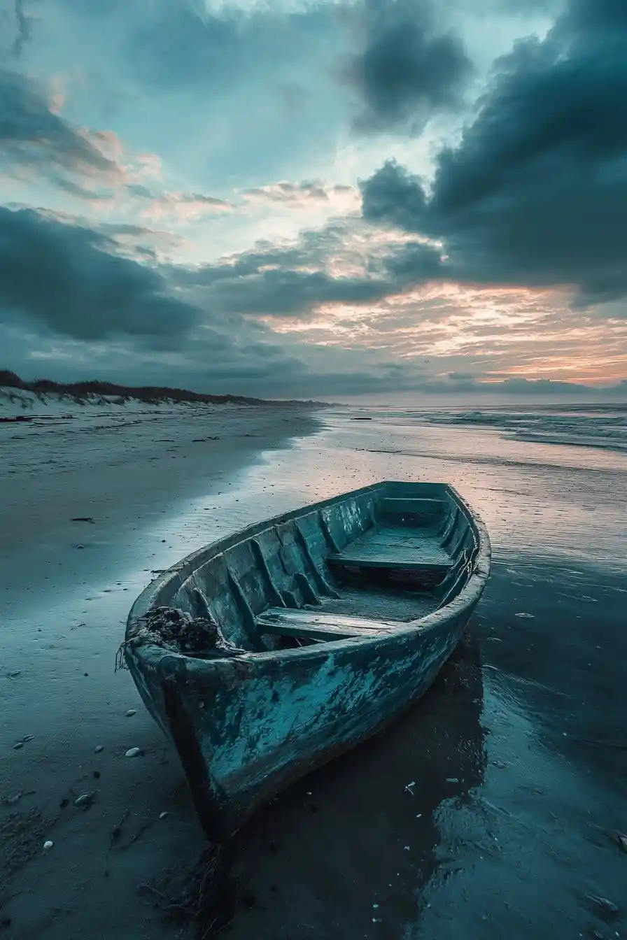 Serene artistic beachside scene in pastel metallic tones