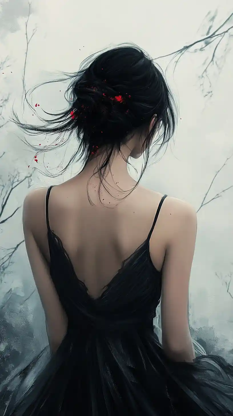 Woman in black dress with bun against abstract ink background