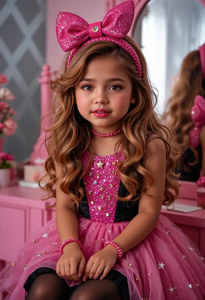 Shy tween girl in pink dress at sparkling vanity mirror