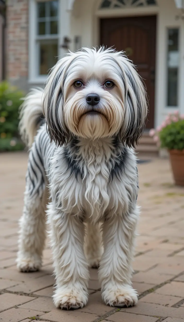 Long haired maltese dog with zebra stripes by a house