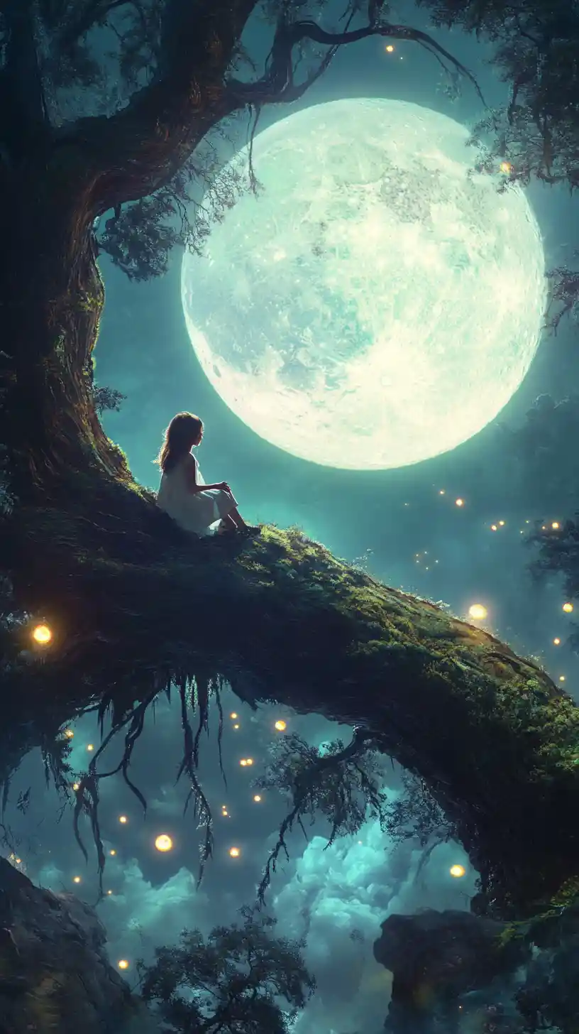 Young girl on ancient tree beneath a luminous moon