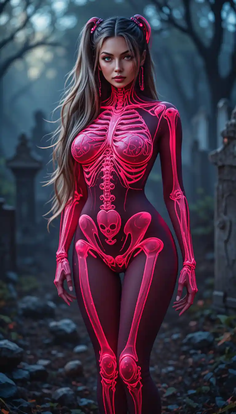 Neon skeleton clad woman standing alone in a graveyard