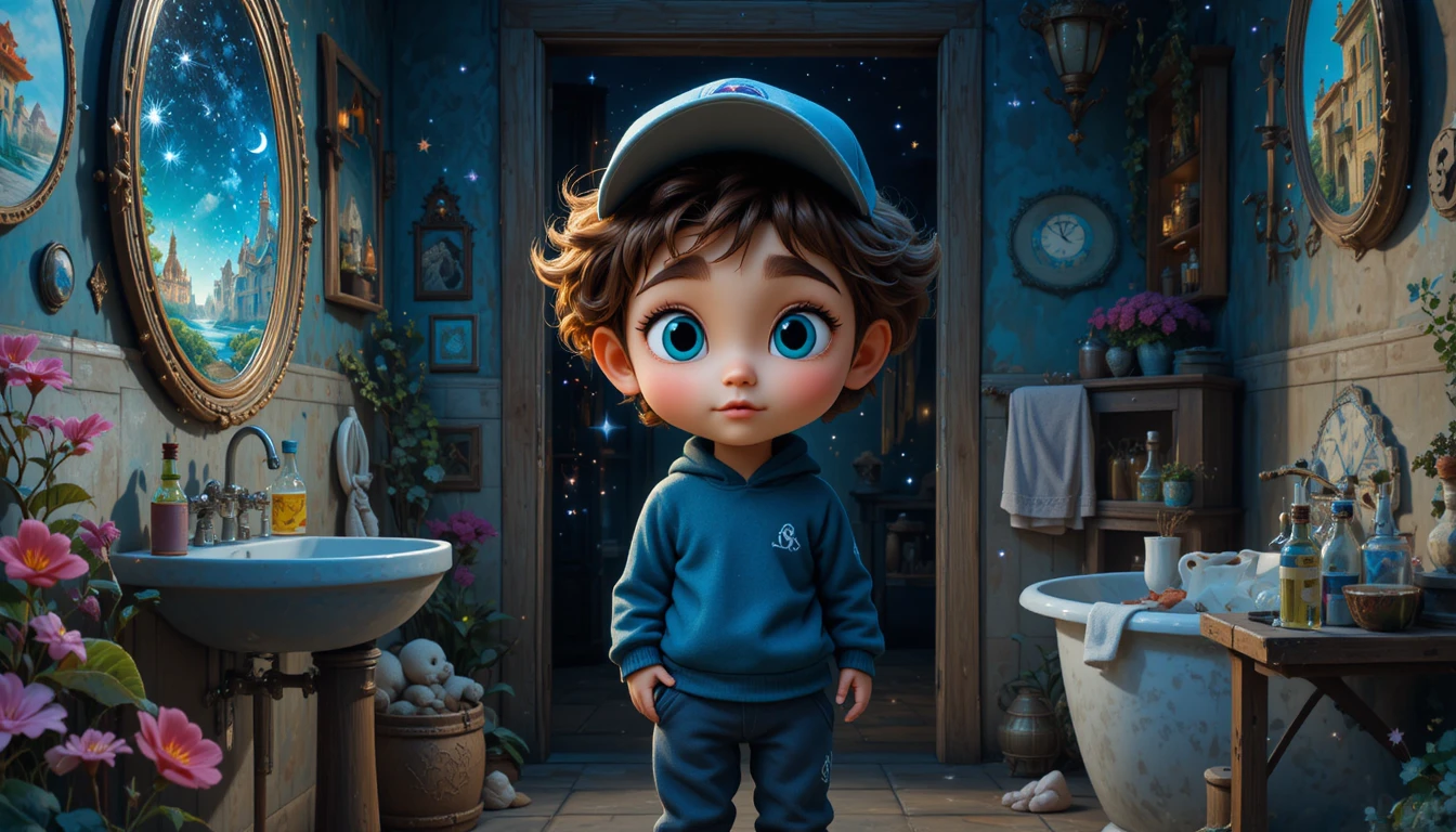 Child looking in a bathroom mirror before a magical starry door