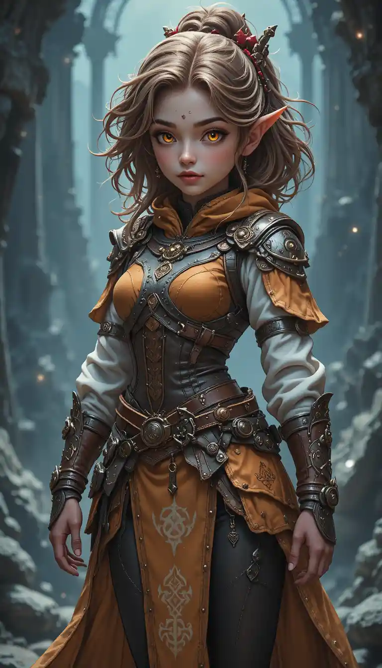 Young gnome mage girl with glowing runes and tools