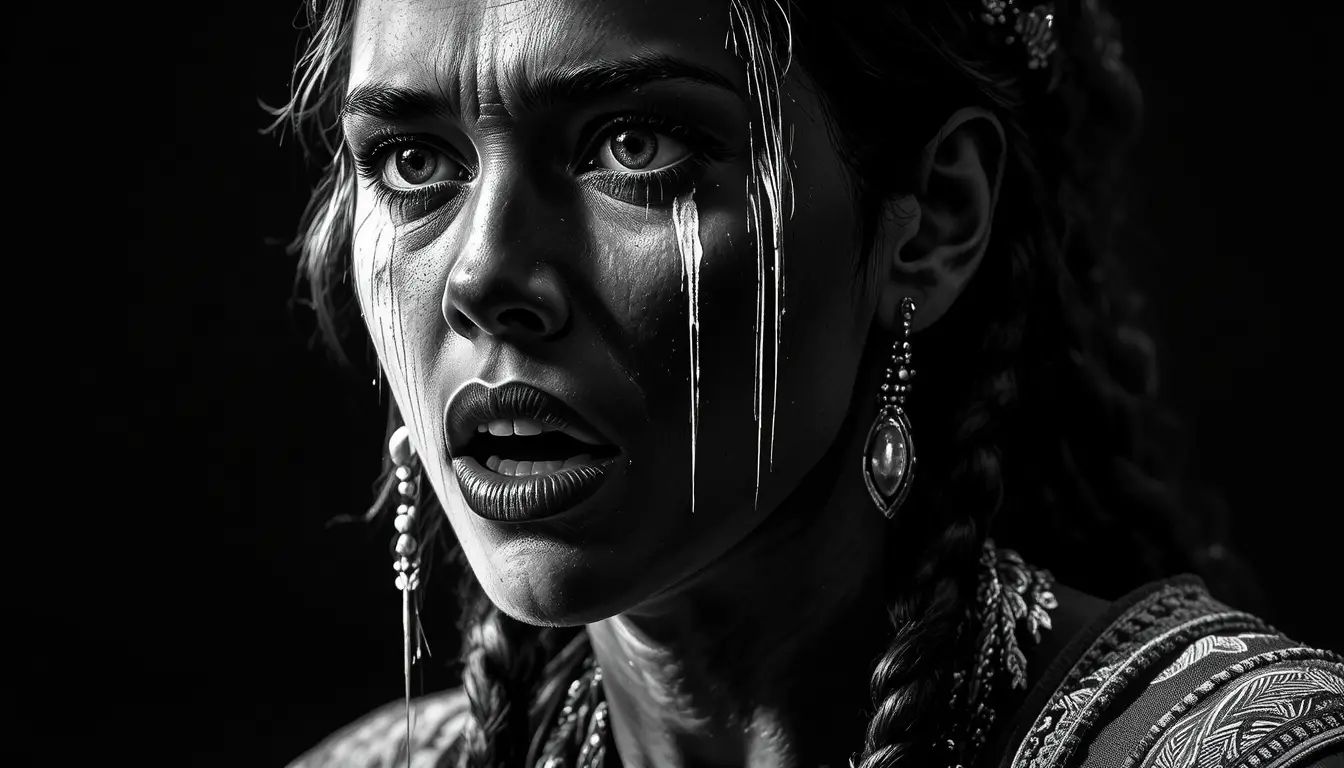 Terrified Mexica mother in stark black and white portrait