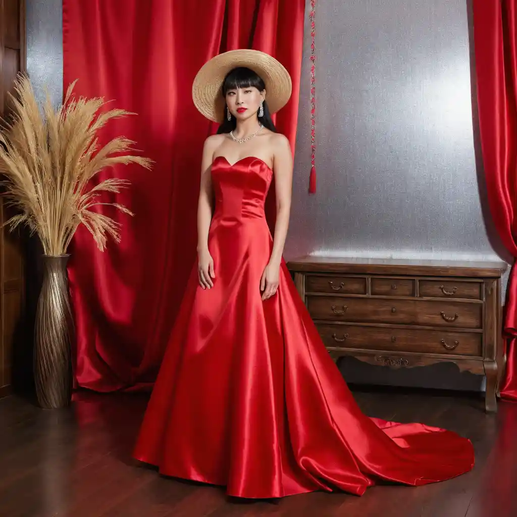 Elegante japanische Frau im scharlachroten, trägerlosen Satinhochzeitskleid