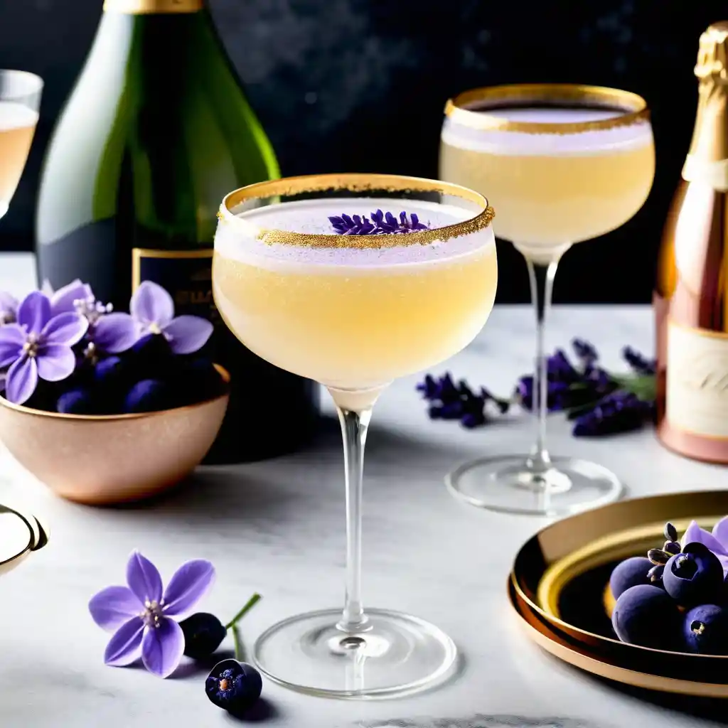 Lavender champagne wedding cocktail in crystal coupe glass