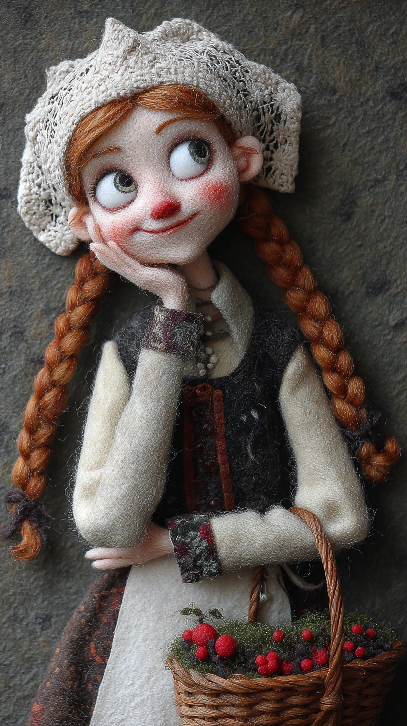 Rustic textile doll with basket on grassy base