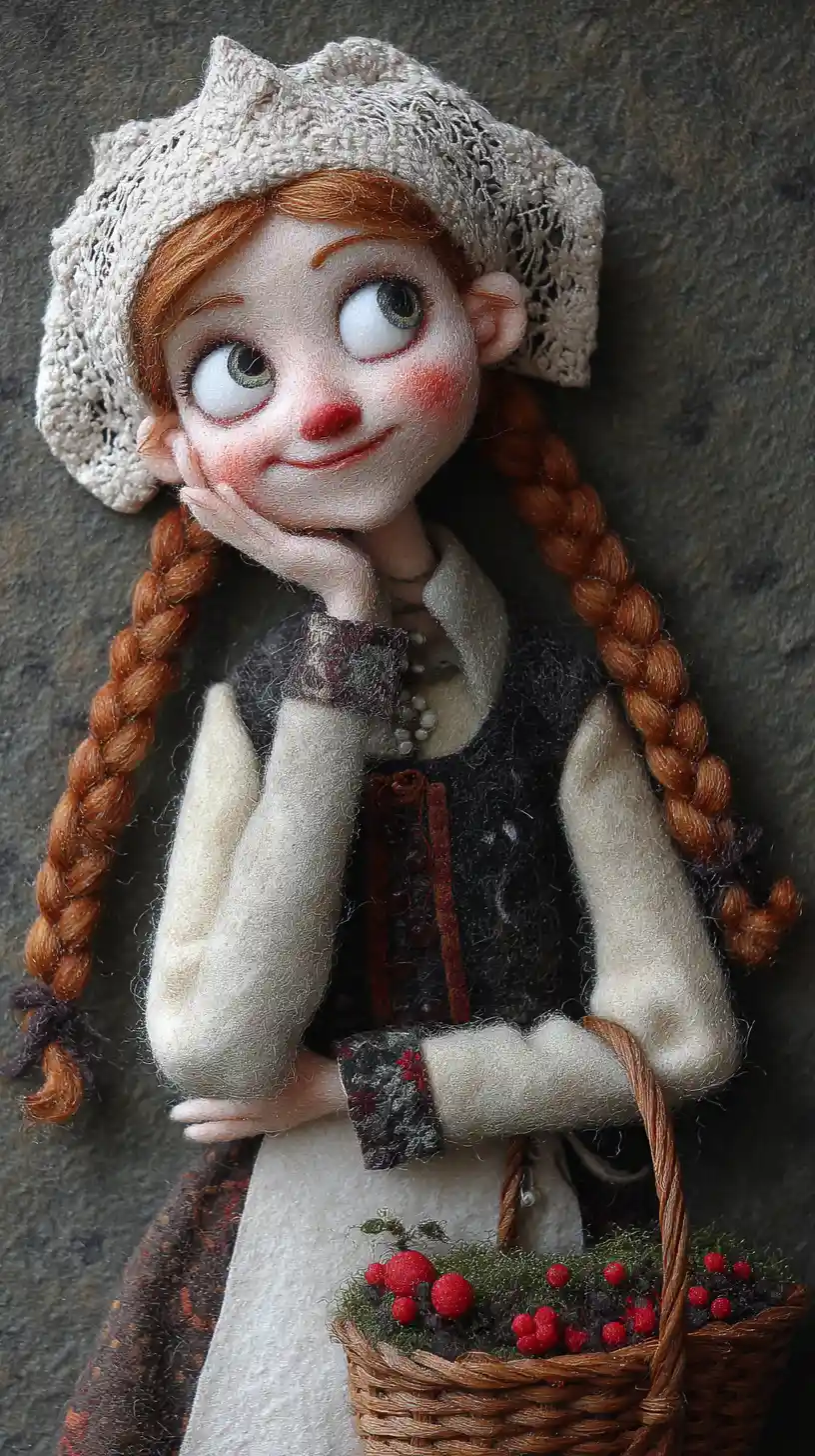 Rustic textile doll with basket on grassy base