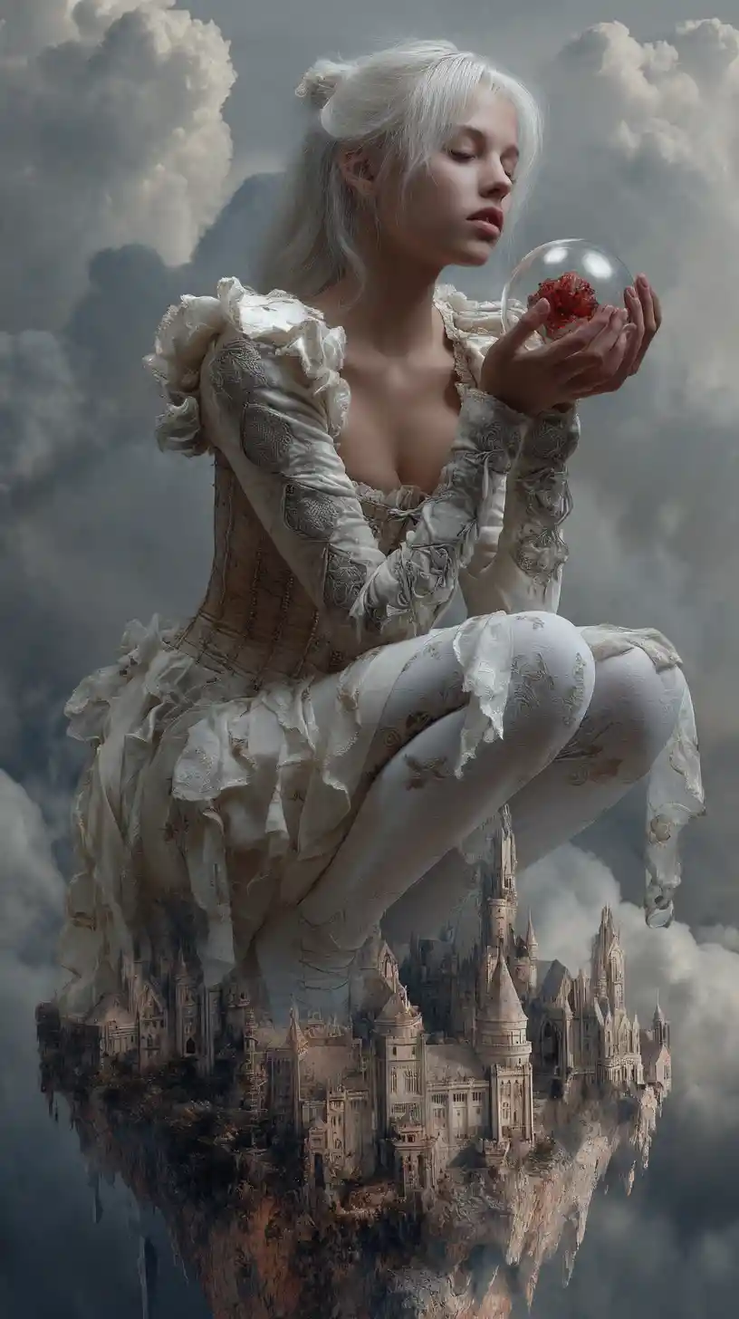 Moonlit sorceress in a crumbling medieval courtyard