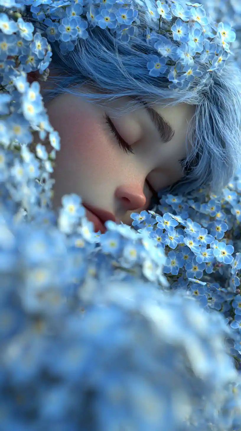 Ethereal being sleeping within a blue flower blossom