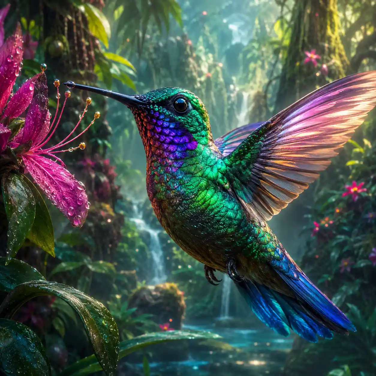 Iridescent hummingbird glowing in lush rainforest foliage