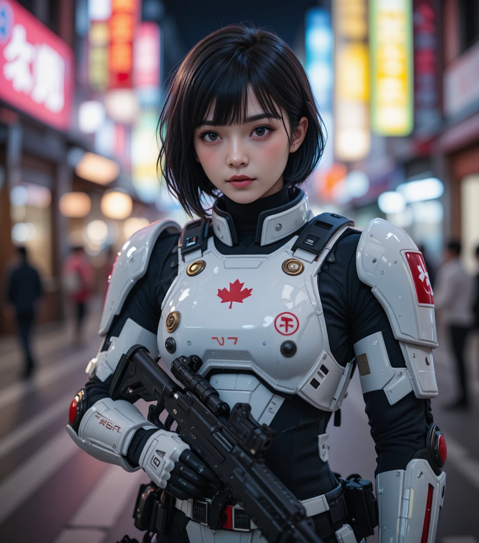 Japanese woman in white armor with gun in night city