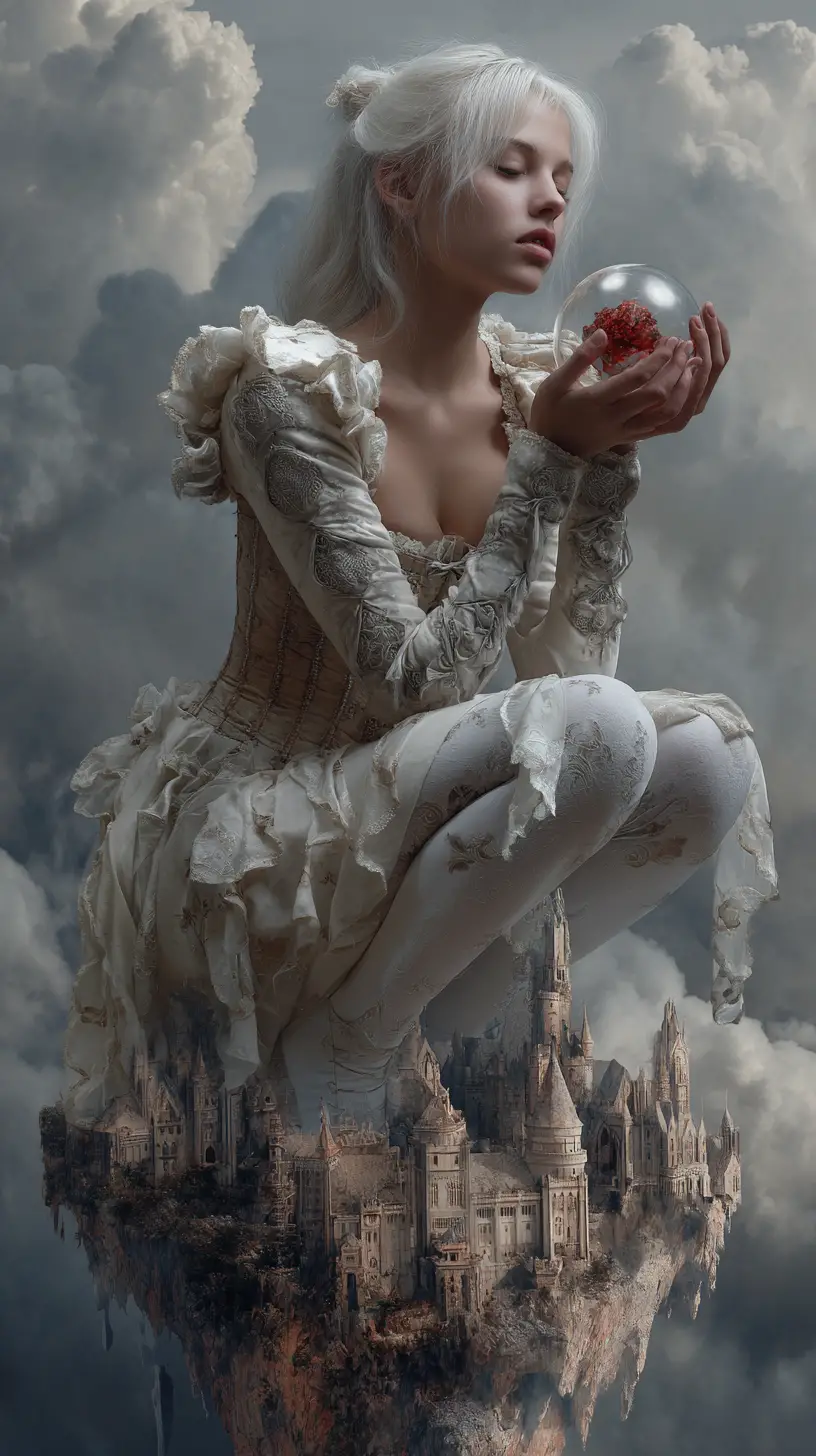 Moonlit sorceress in a crumbling medieval courtyard