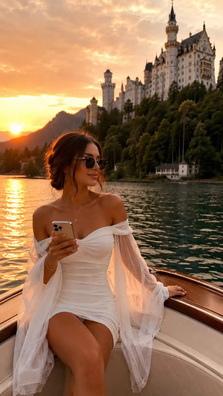 Woman in white dress on boat at sunset by German castle