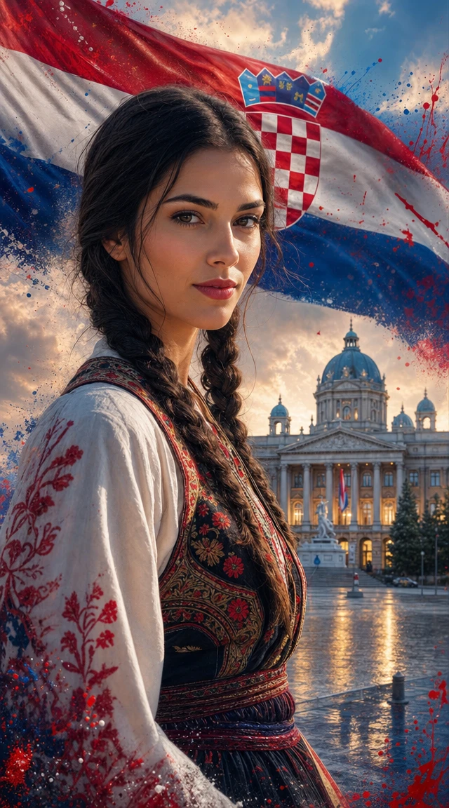 Croatian woman in traditional dress before national flag and city