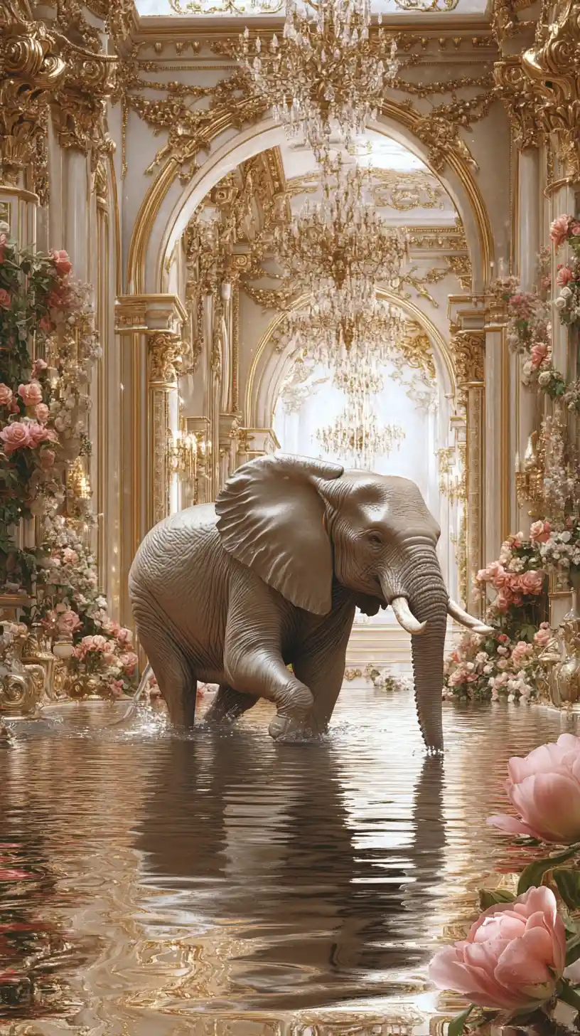 Elephant Walking Through Reflective Water In Ornate Palace Hall