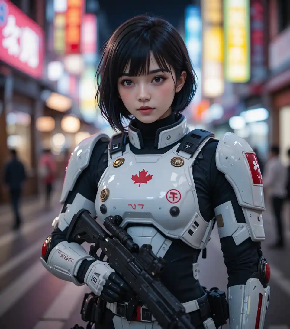 Japanese woman in white armor with gun in night city