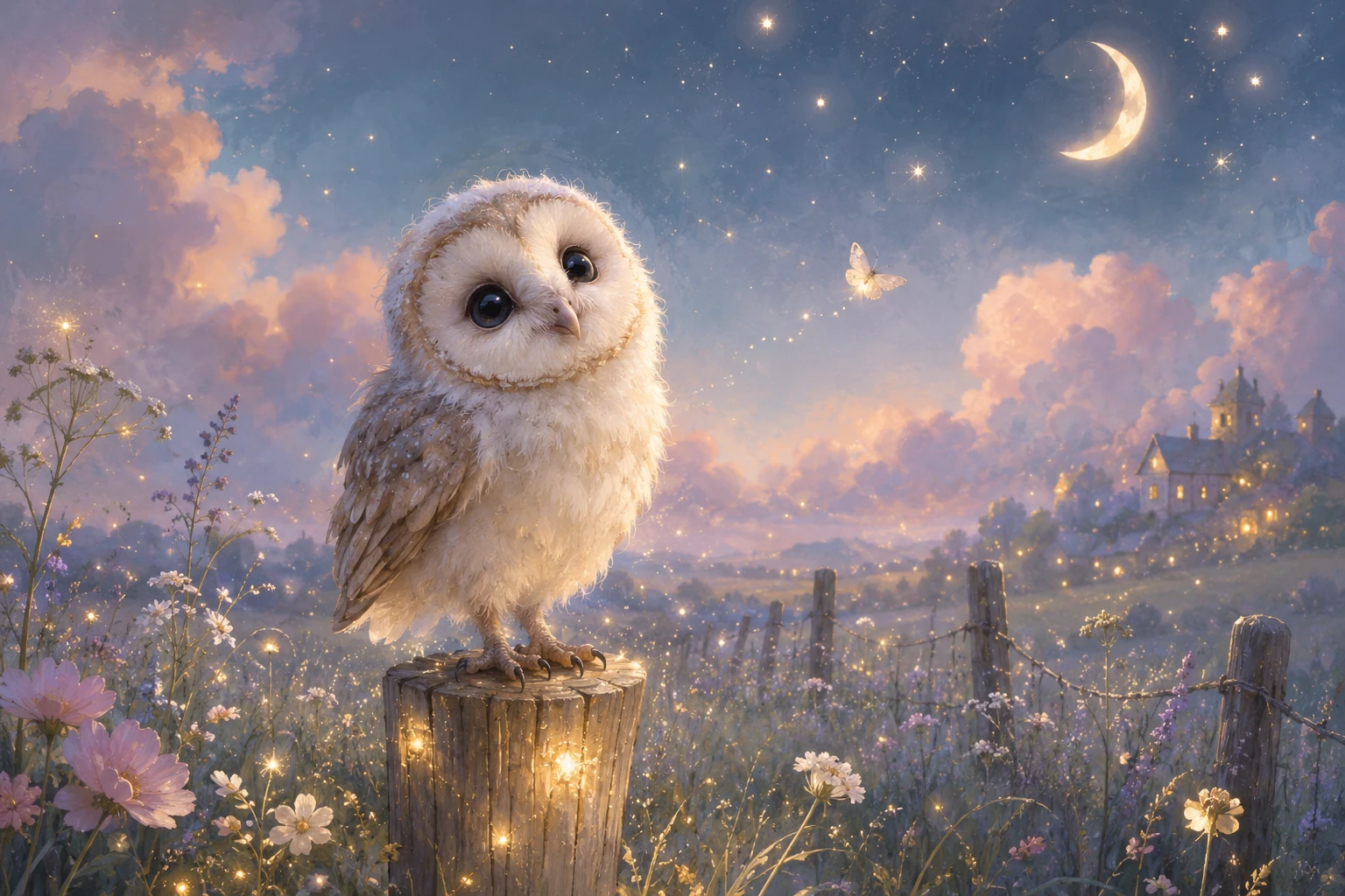 Cute baby barn owl on glowing wooden post at night