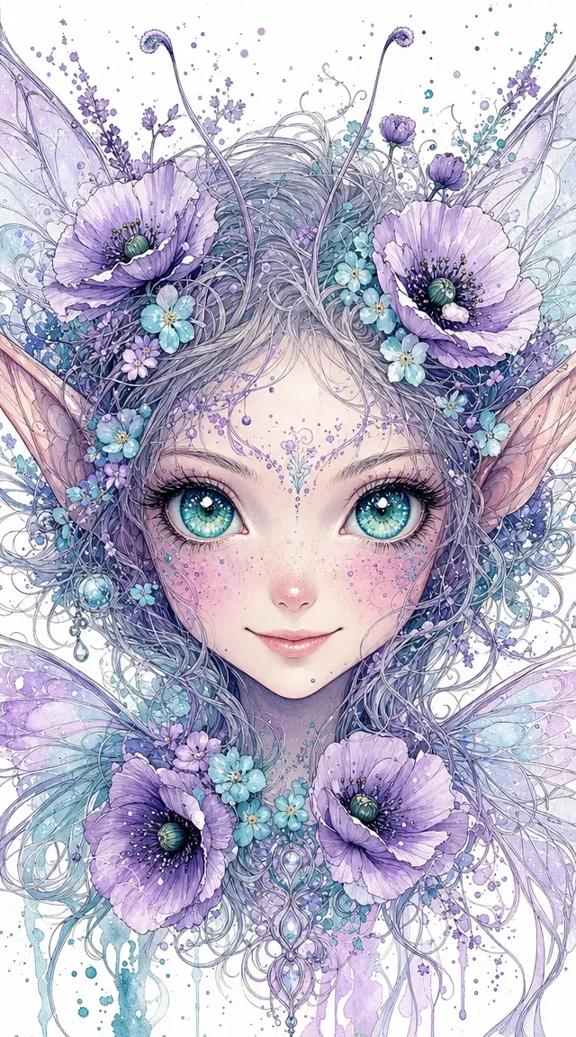 Whimsical fairy girl portrait with emerald eyes and flowers
