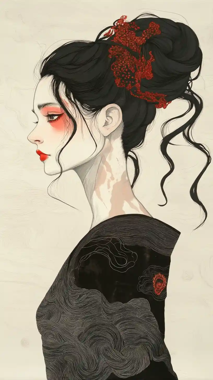 Elegant anime woman shifting from beauty into eerie horror