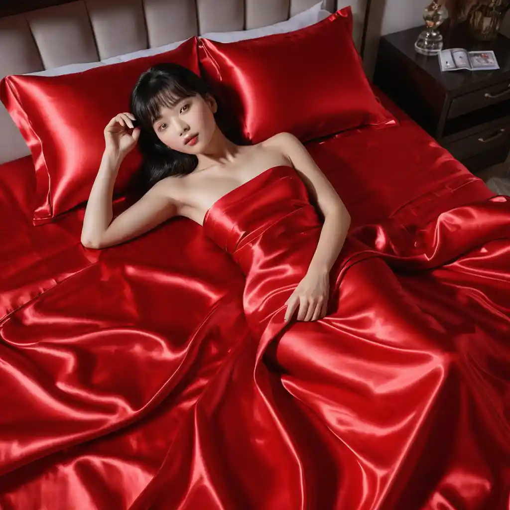 Korean woman lying on red satin bed sheets