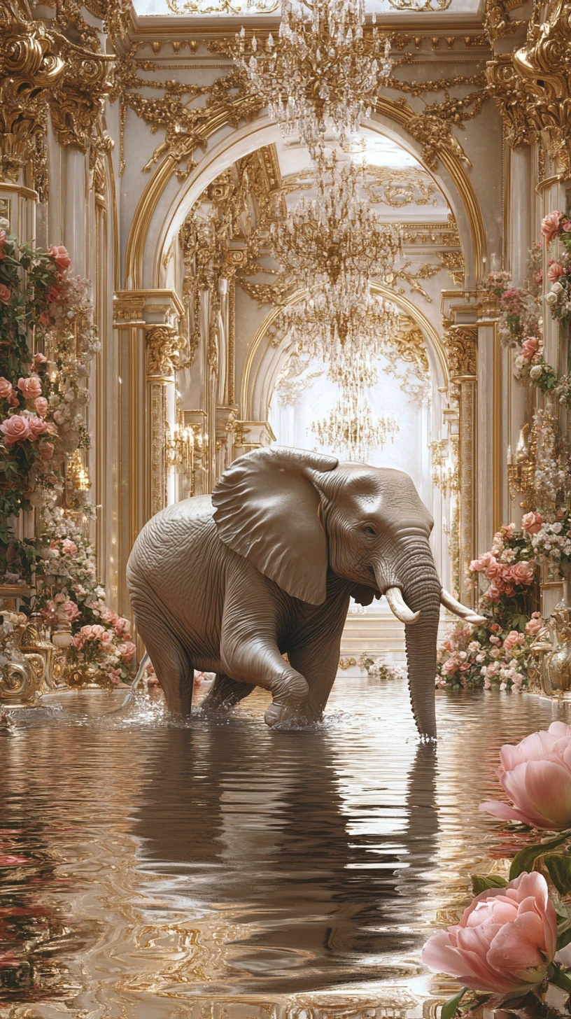 Elephant Walking Through Reflective Water In Ornate Palace Hall