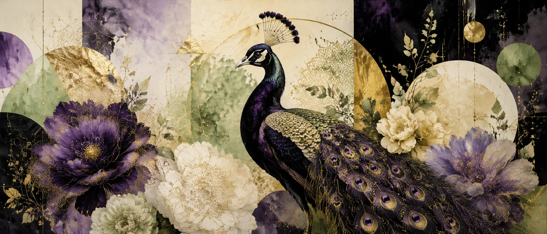 Black and violet peacock with gold and floral ornaments