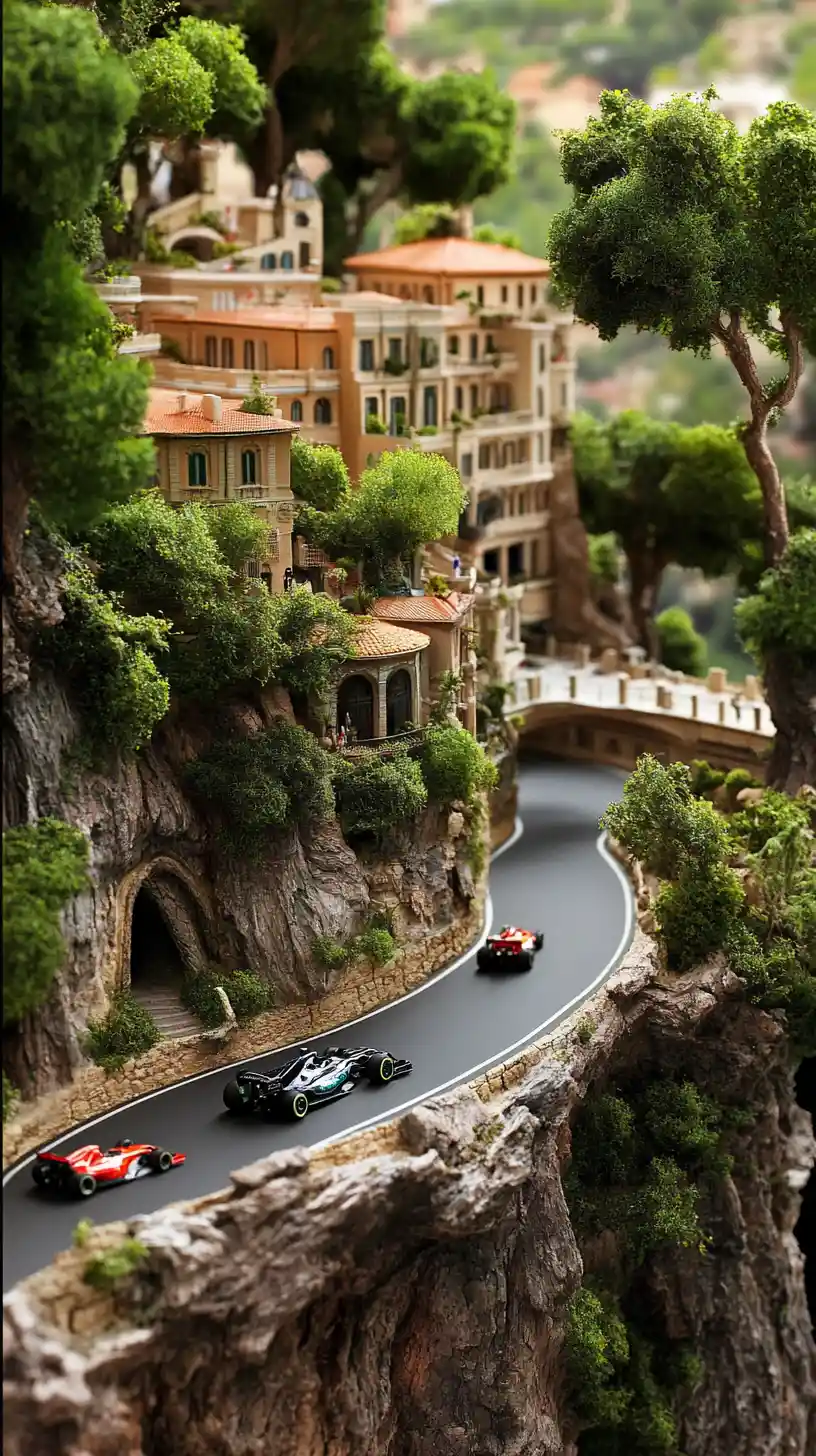 Miniature Formula 1 race winding through a tiny Monaco world