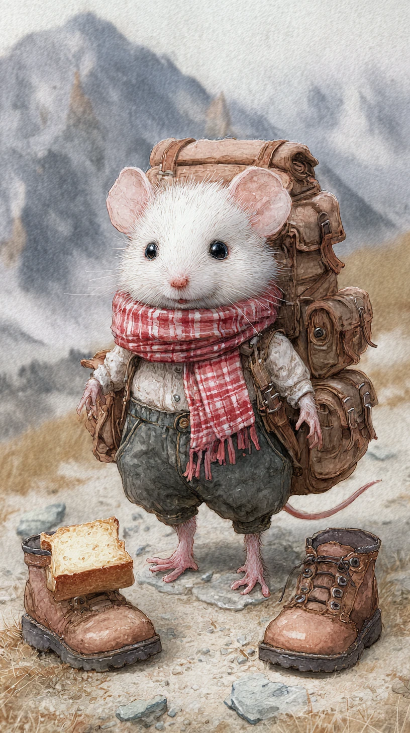 Cute hiking mouse with picnic in the mountain landscape
