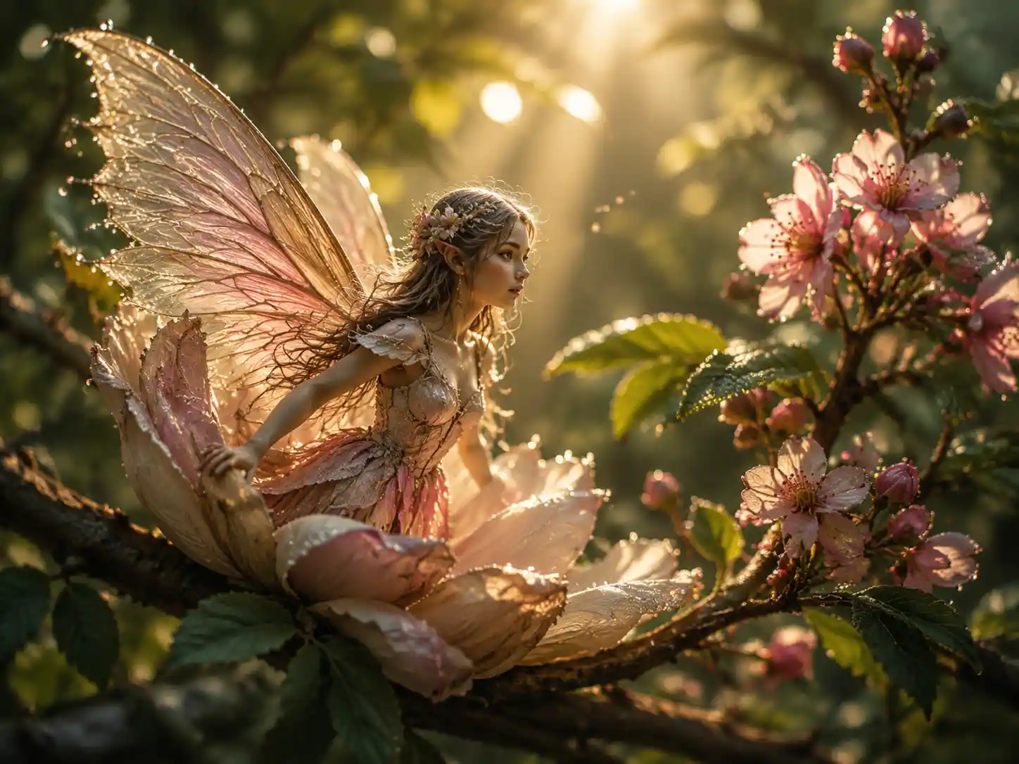 Delicate flower fairy emerging in a luminous forest bloom