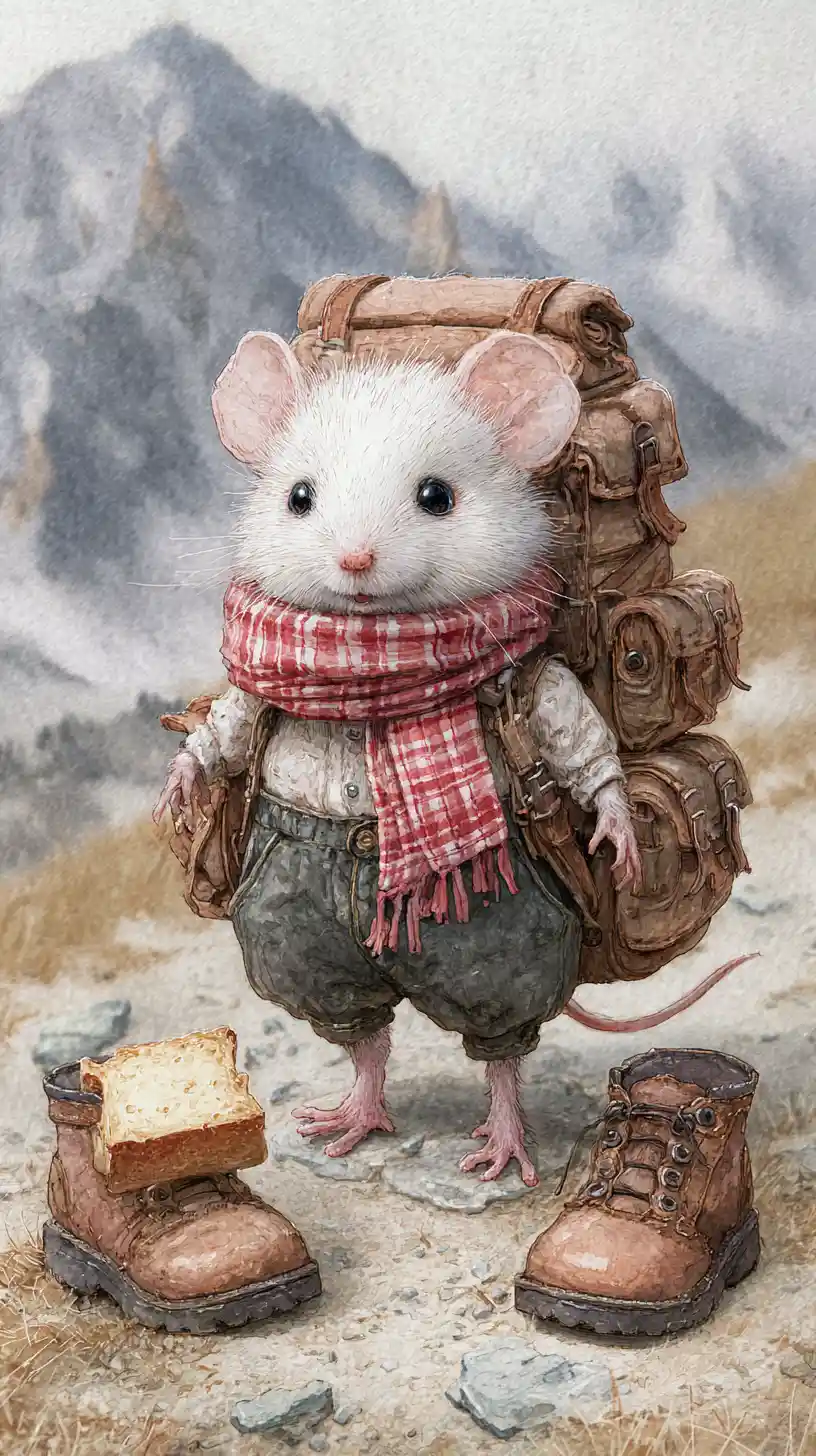 Cute hiking mouse with picnic in the mountain landscape
