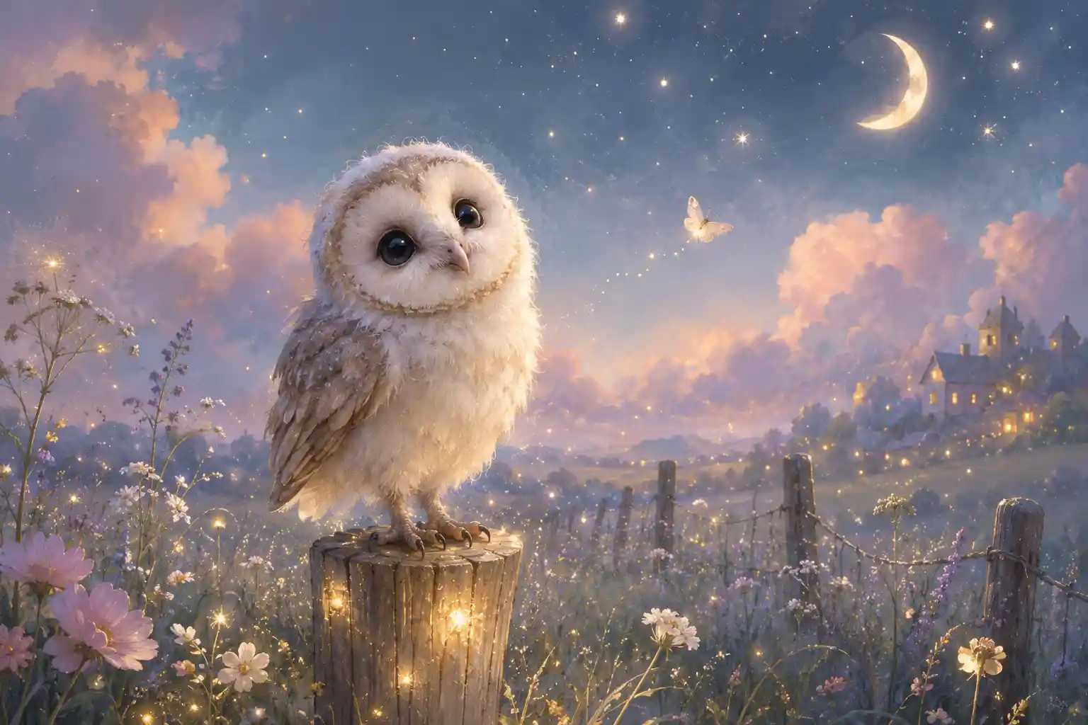Cute baby barn owl on glowing wooden post at night