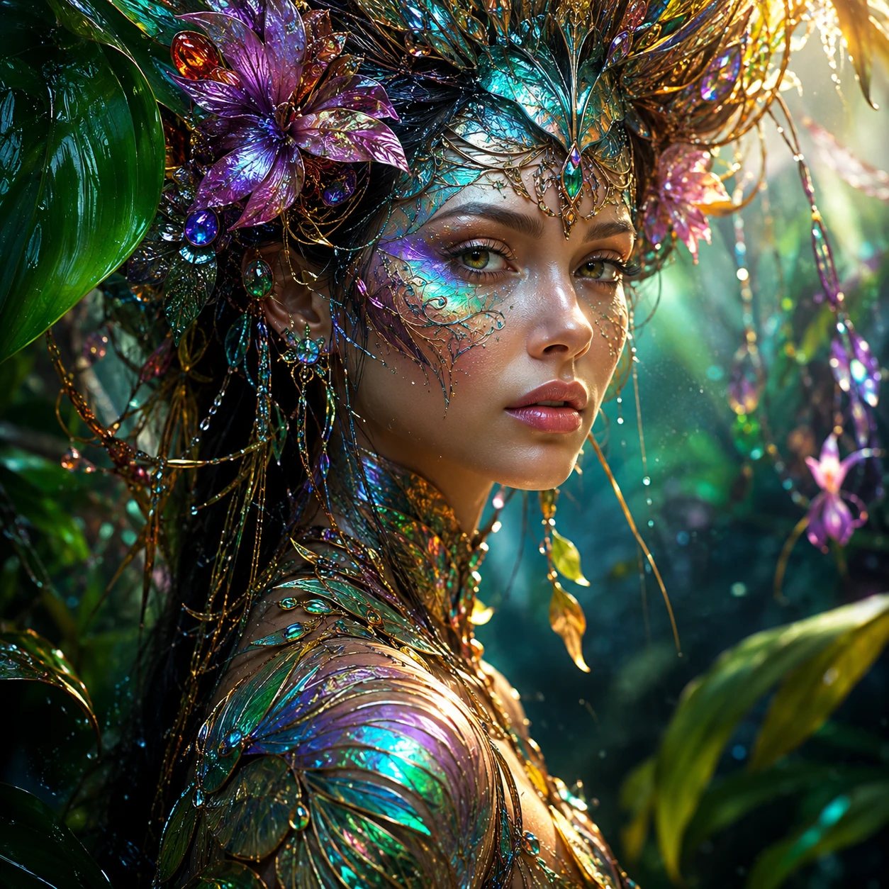 Ethereal iridescent woman glowing in a mystical rainforest