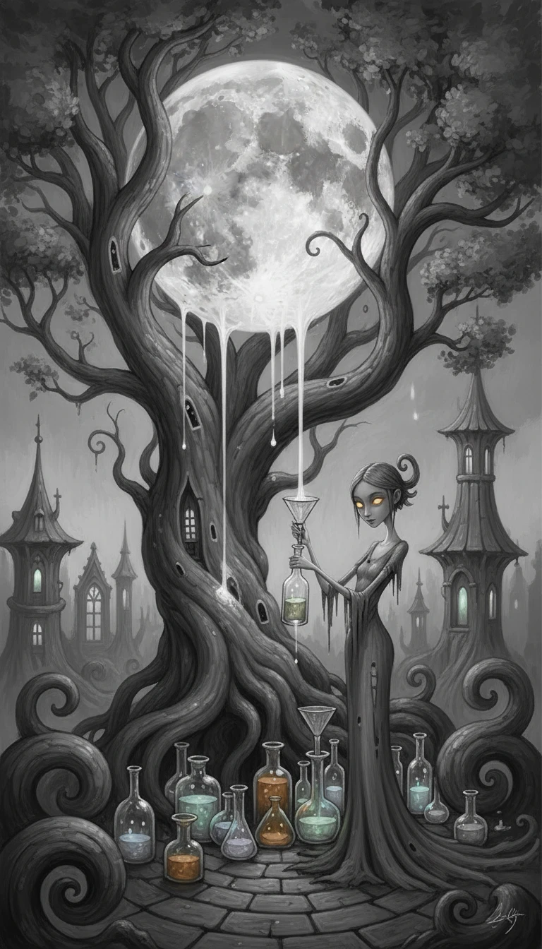 Giant Moon Tangled In Tree Above Collected Liquid Light
