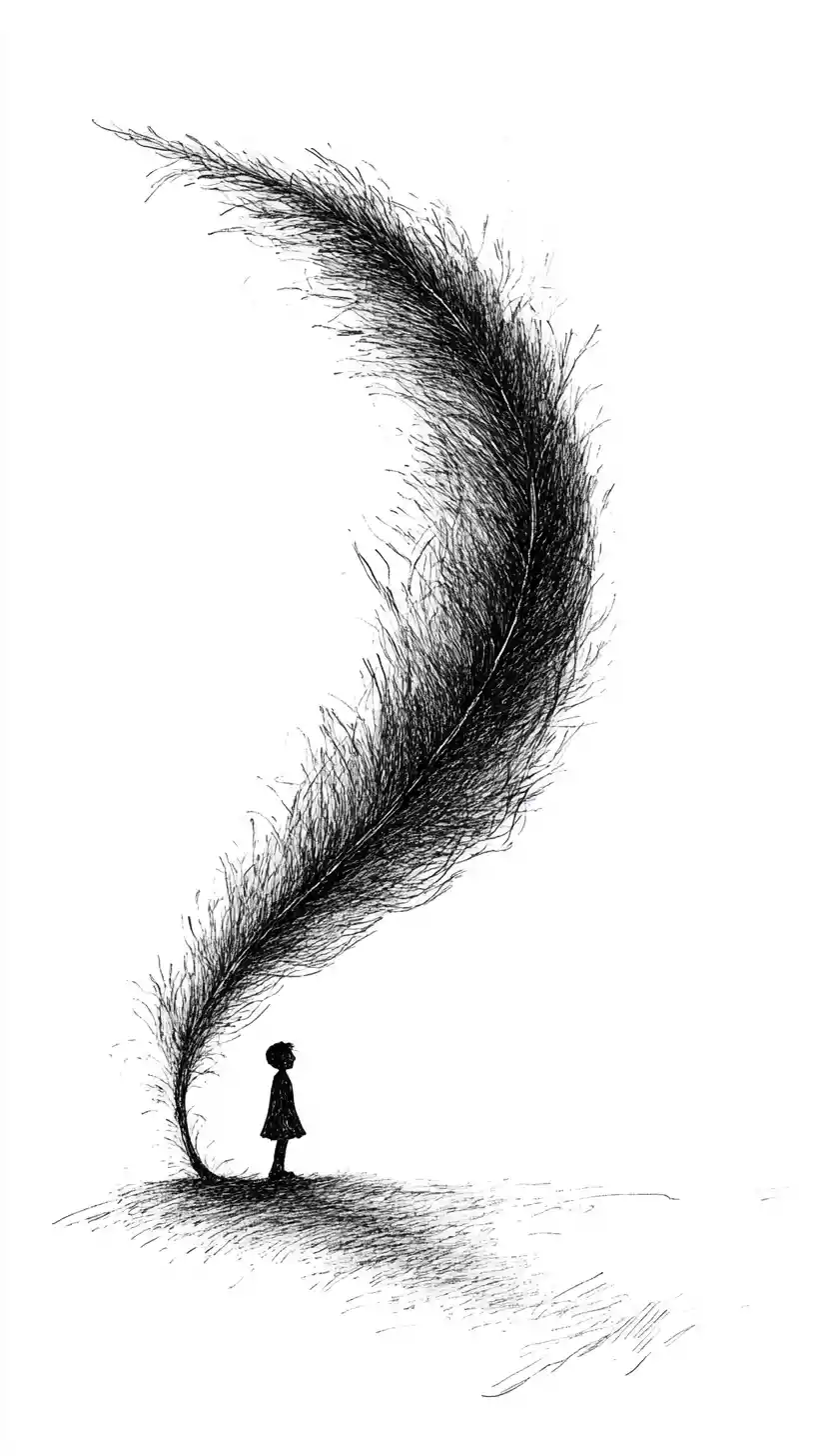 Tiny child walking along the spine of a giant feather