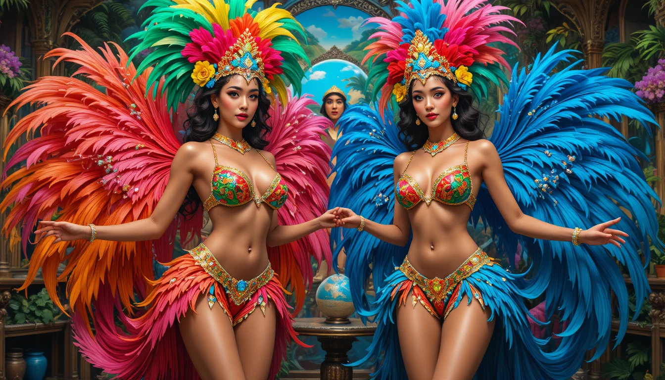 Two carnival dancers in colorful feathered Brazilian costumes
