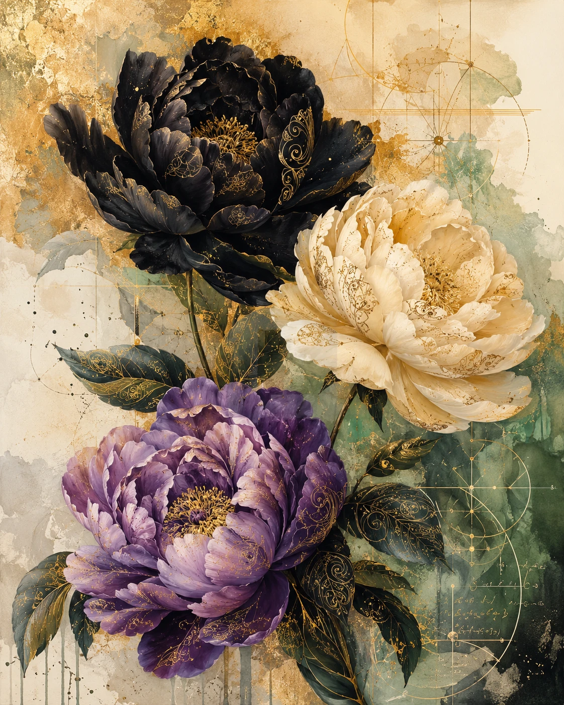 Fine art peony painting with metallic ornaments