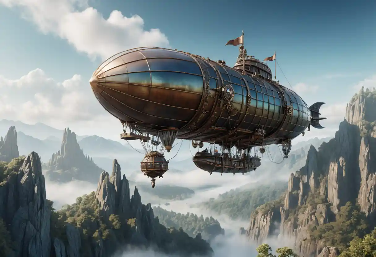 Steampunk airship between misty jagged mountain cliffs