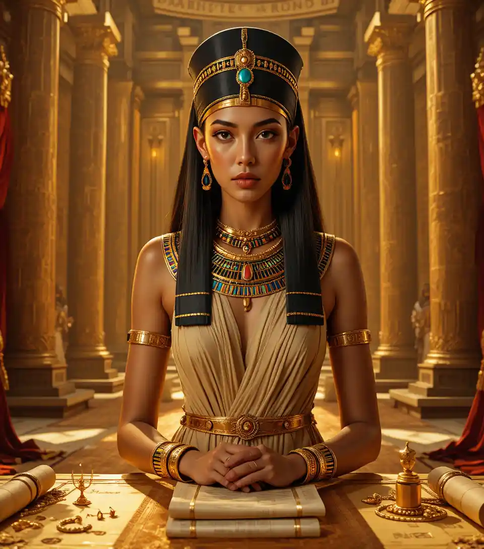 Egyptian royal woman at a golden ceremonial table