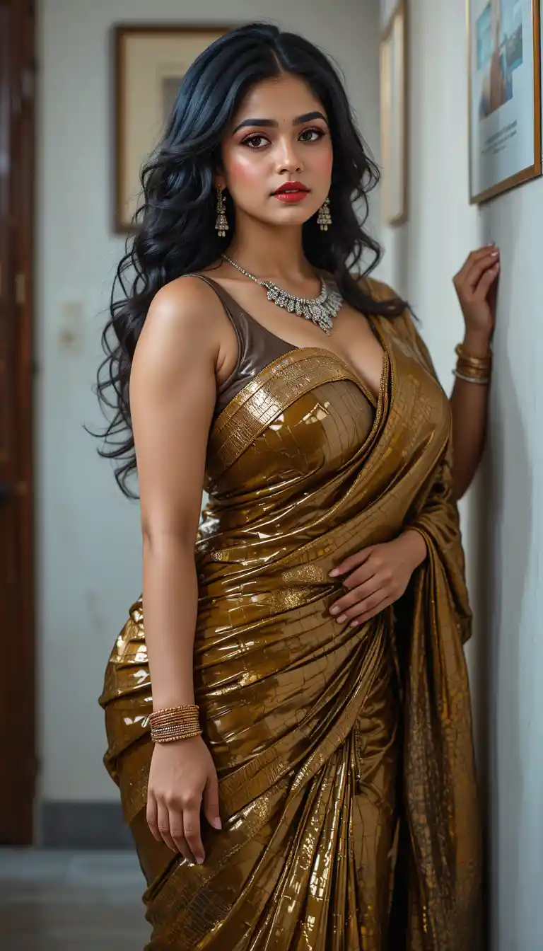 Tamil woman in glossy saree bending in a full body pose