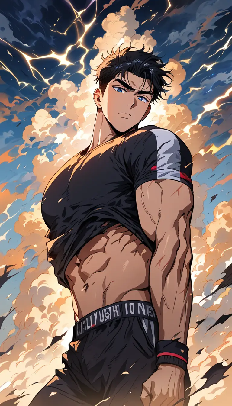Muscular Man In Stormy Manhwa Style Under Lightning Sky