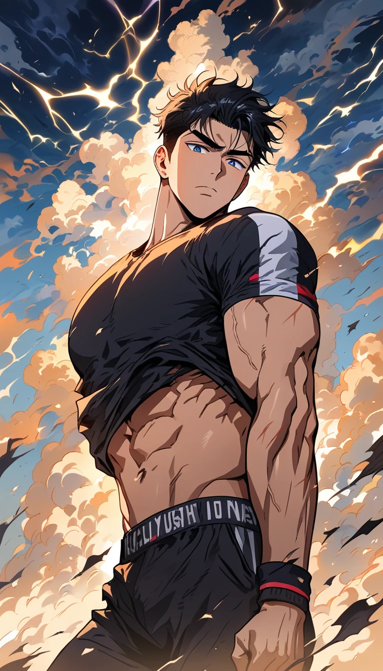 Muscular Man In Stormy Manhwa Style Under Lightning Sky