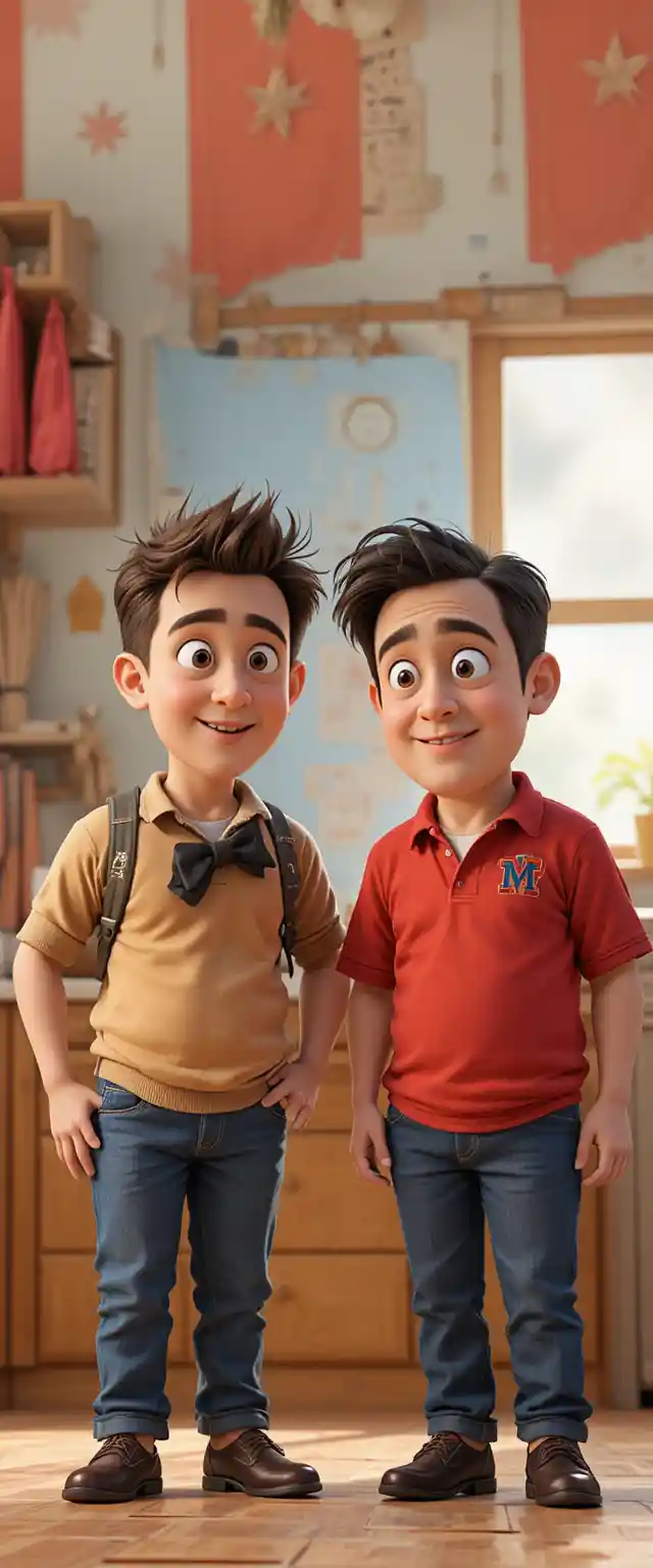 Two unemployed fathers start a playful 3D daycare scene
