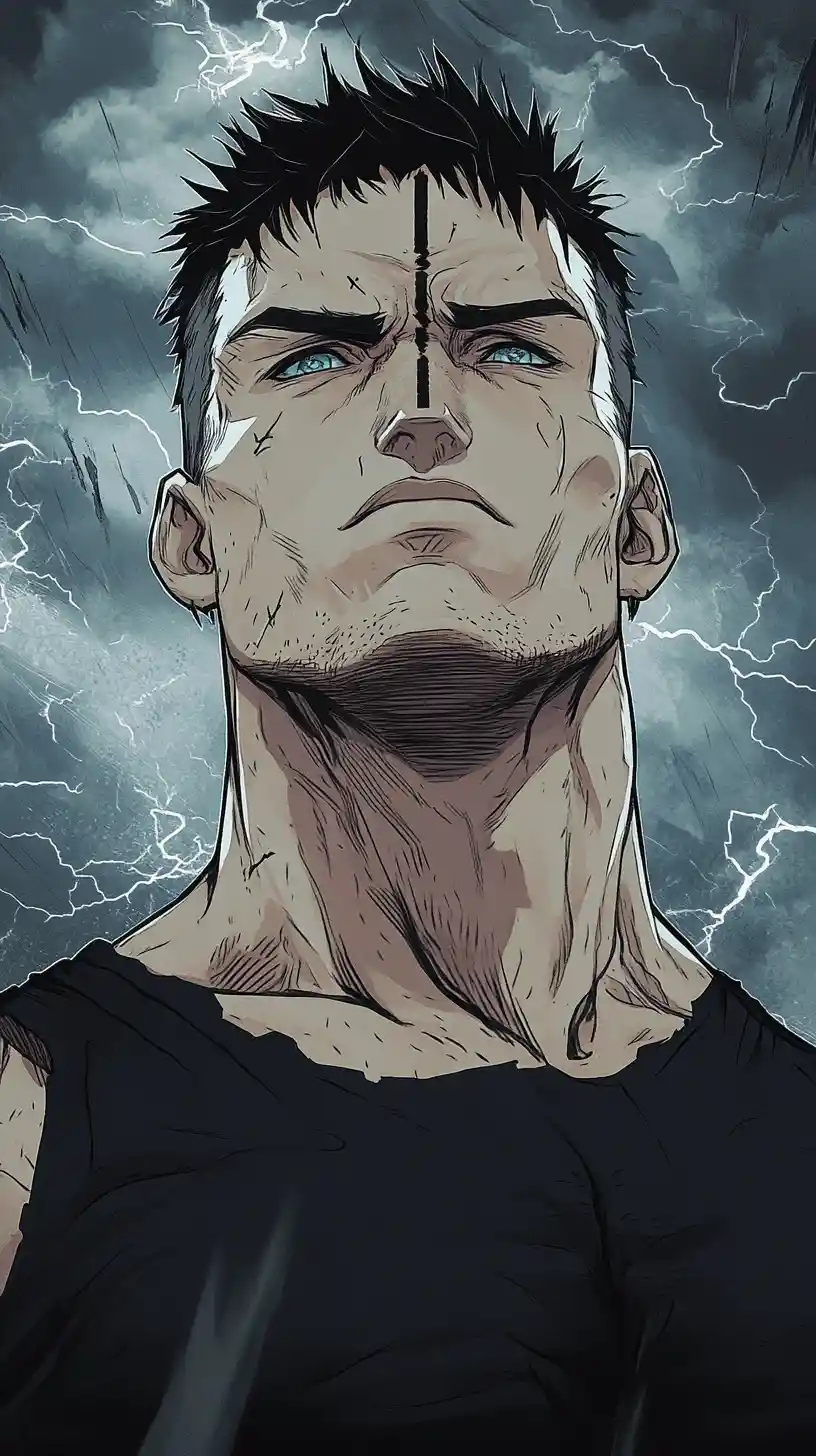 Tall muscular man in dramatic manhwa storm scene